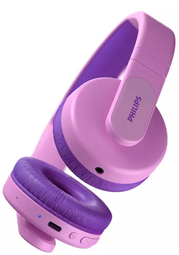 Casque rose et violet. L'arceau est rose, avec des oreillettes violettes. Logo Philips visible.