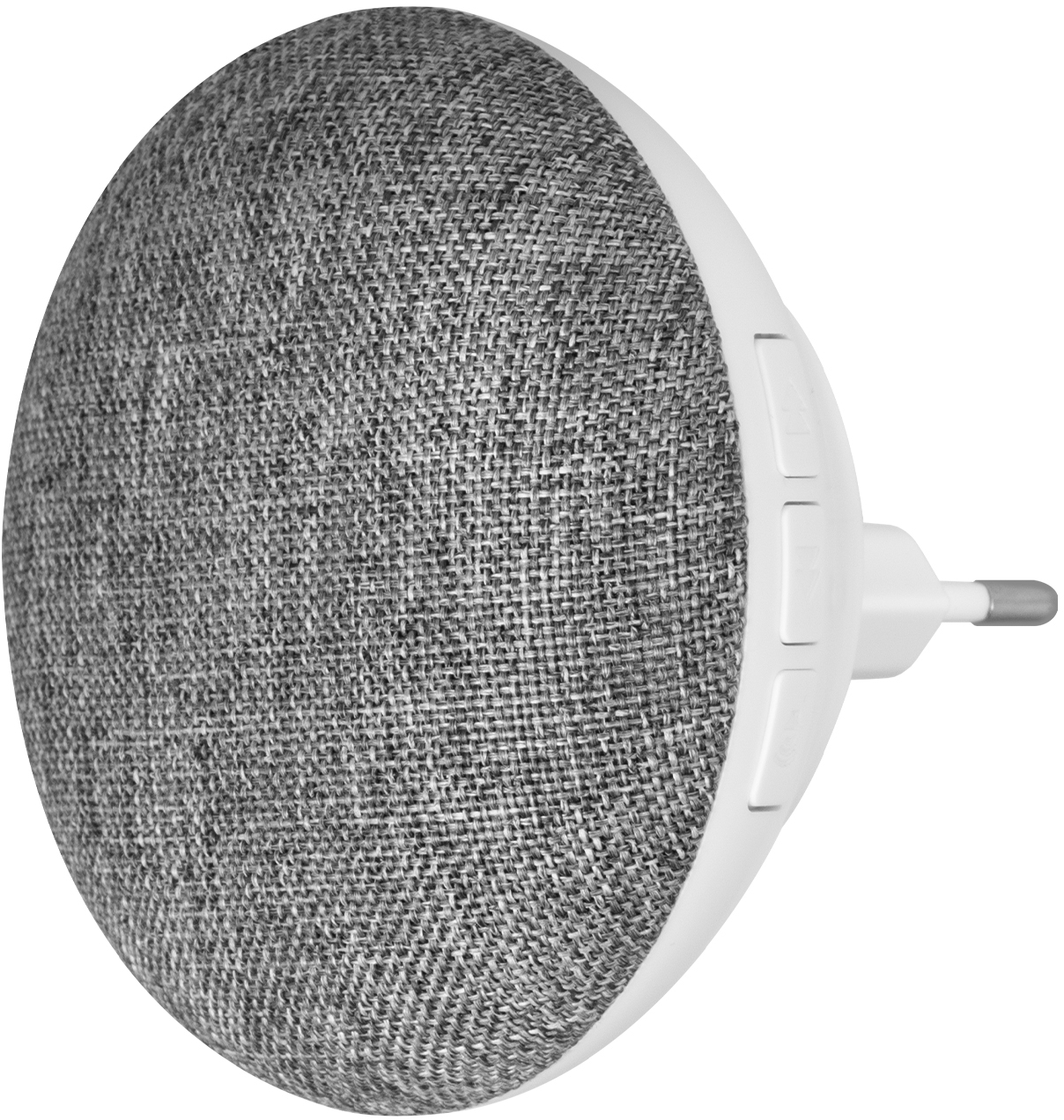 Een grijze, met stof bedekte slimme speaker met witte randen en knoppen.