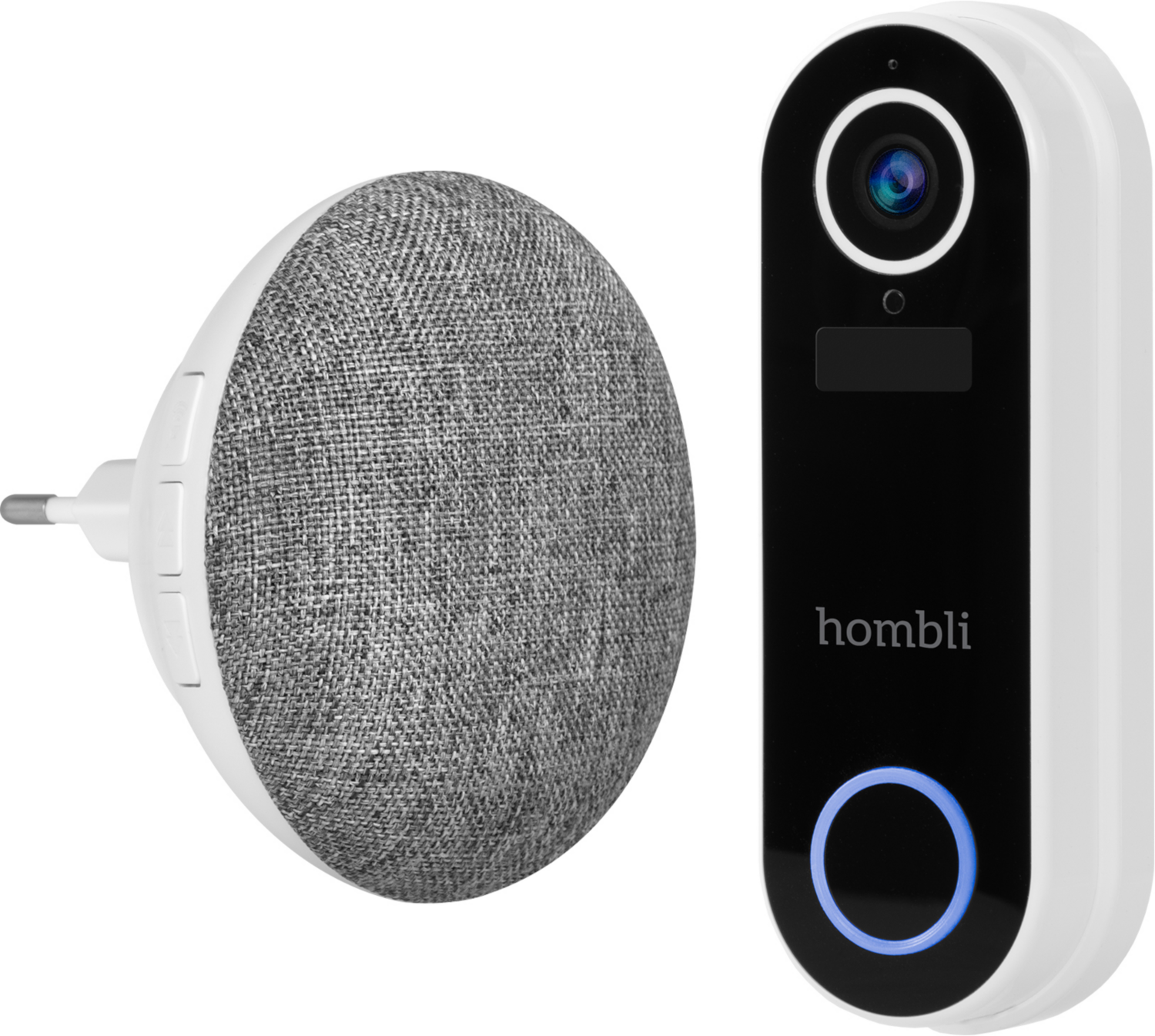 Een witte slimme thuisapparatuurset. Inclusief een speaker en een videodeurbel met een camera.