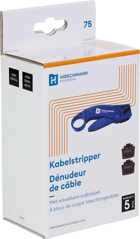 Cable stripper in a box with text in multiple languages.