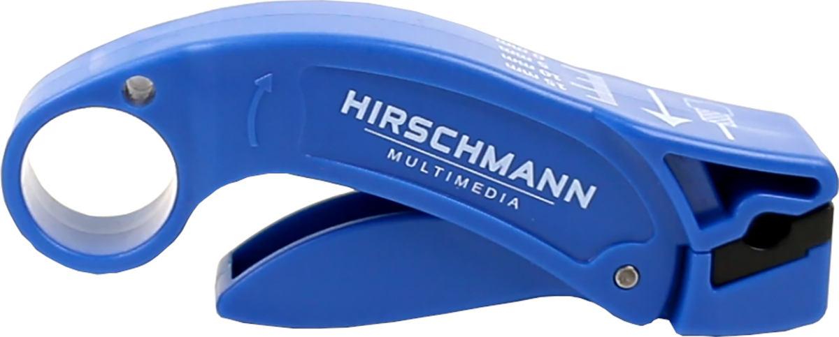 A blue wire stripper tool. The tool has the brand name Hirschmann Multimedia.