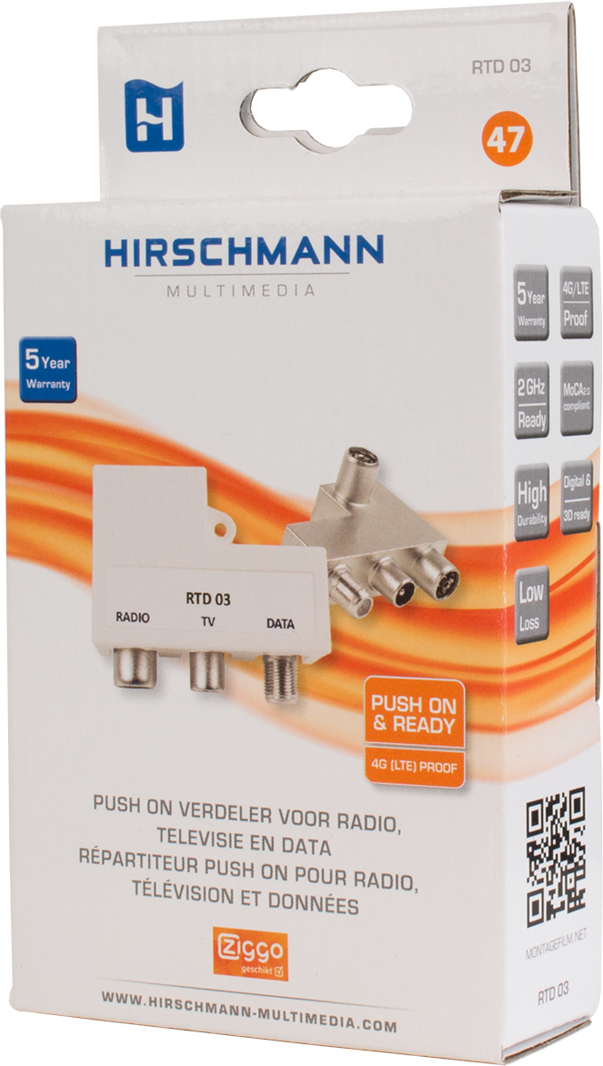 Hirschmann multimedia splitter box. White box with connectors, text, and a 5-year warranty.