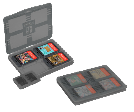Eine graue Nintendo Switch-Hülle, geöffnet mit Spielkassetten. Eine separate Hülle ist ebenfalls sichtbar.