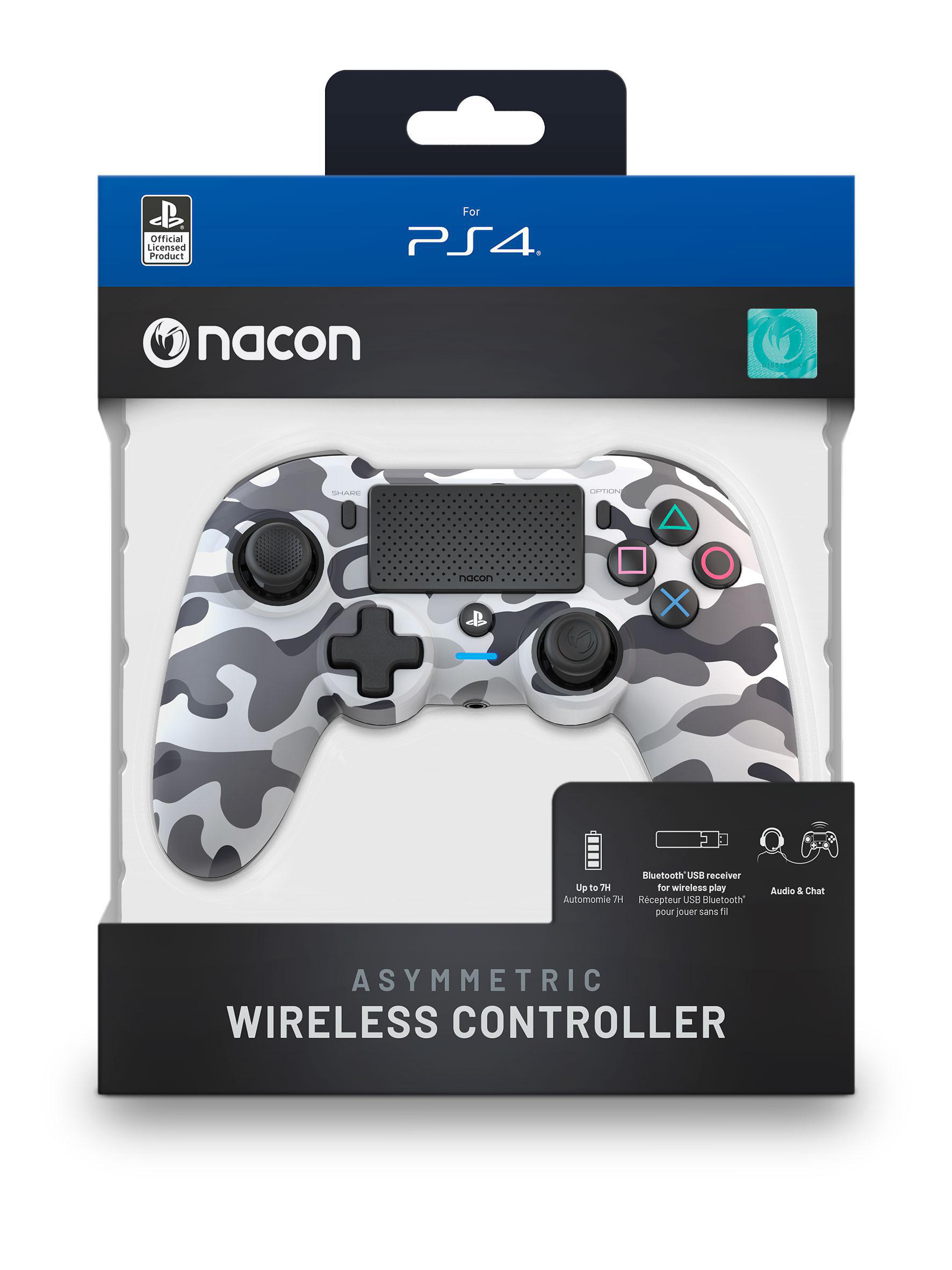PS4-Wireless-Controller im Camouflage-Design, verpackt. Text und Symbole auf der Box sichtbar.