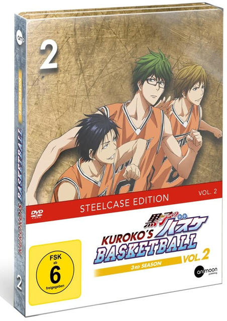 DVD-Box-Set von Kurokos Basketball, Vol. 2. Drei Anime-Charaktere sind auf dem Cover. 'STEELCASE EDITION' ist sichtbar.