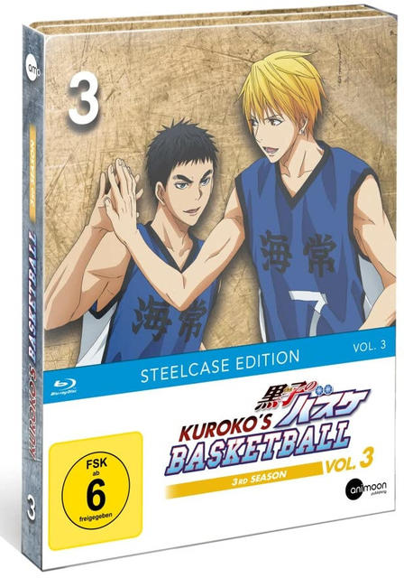DVD-Box von Kurokos Basketball, 3. Staffel. Enthält zwei Anime-Charaktere, lebendiges Design und Show-Details.