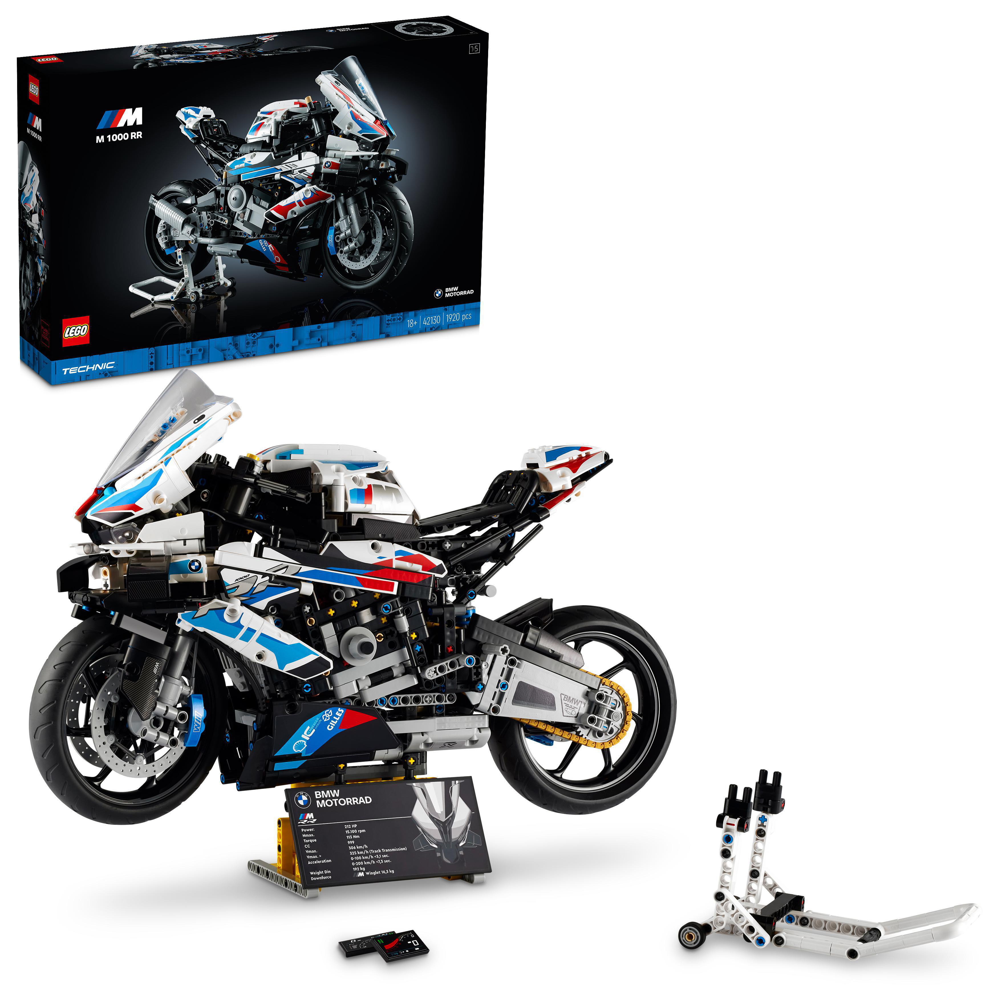 Lego Technic BMW M 1000 RR Motorradmodell, Box und Ständer, Farben Weiß, Blau und Schwarz.