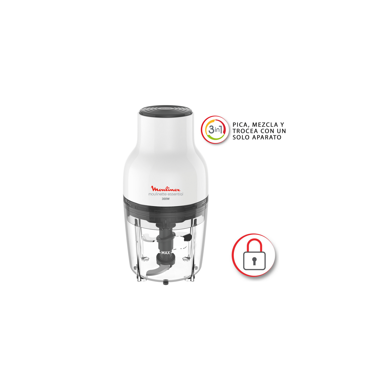 Procesador de alimentos blanco sobre fondo blanco, con texto e icono de candado.