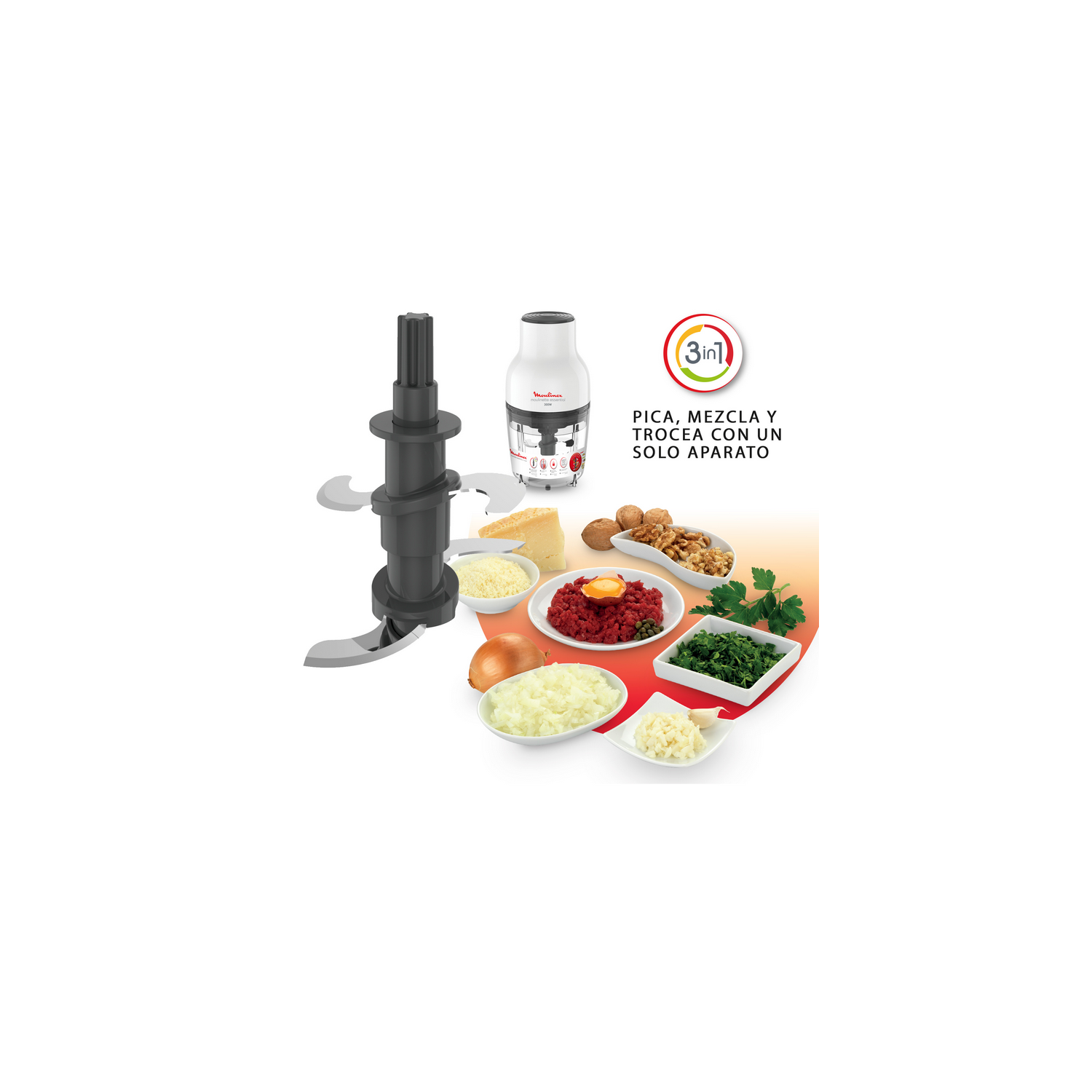 Procesador de alimentos con cuchilla e ingredientes: queso, cebollas, nueces, perejil, carne y espinacas.