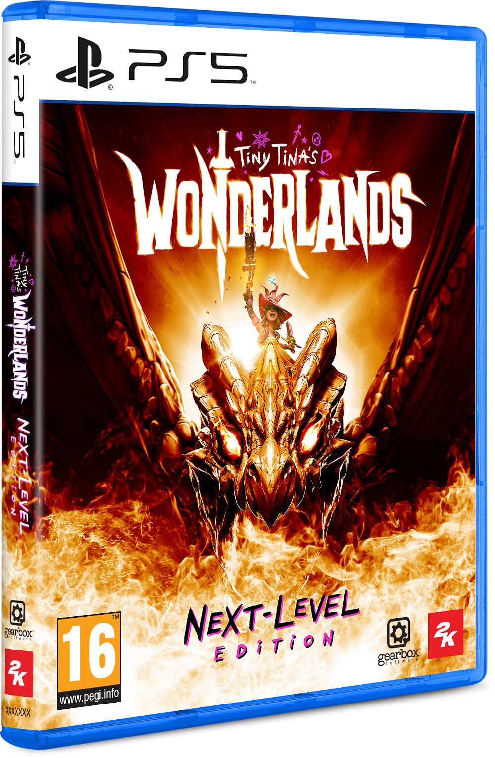 Tiny Tina's Wonderlands játék borítója. Egy karddal rendelkező karakter egy sárkányon, tűzháttérrel.
