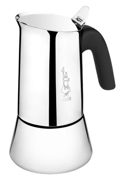 Espressokocher aus Edelstahl. Silberner Körper, schwarzer Griff, weißer Hintergrund.