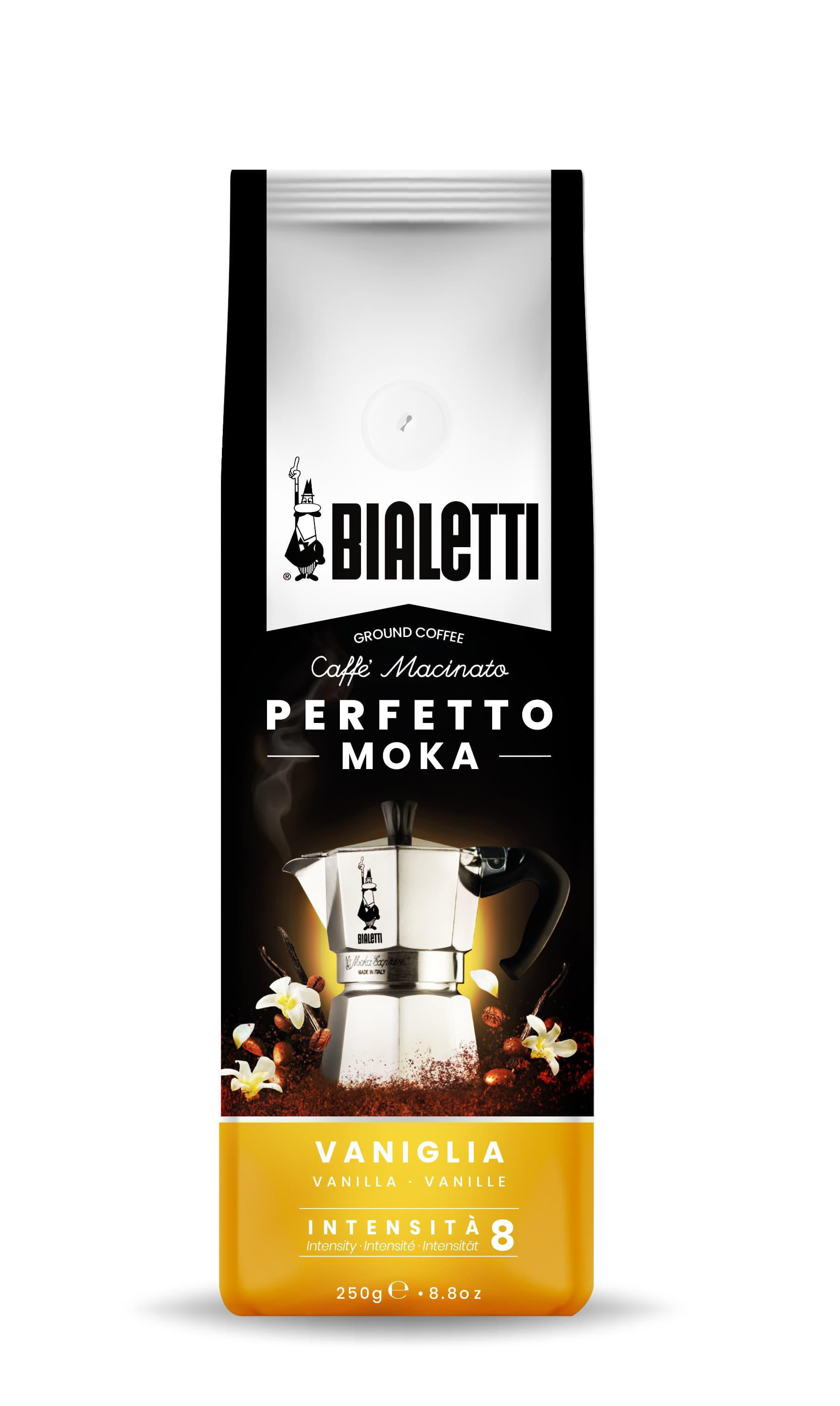 Bialetti Kaffeepackung. Schwarz mit Bialetti-Kannenbild, Text: Perfetto Moka.