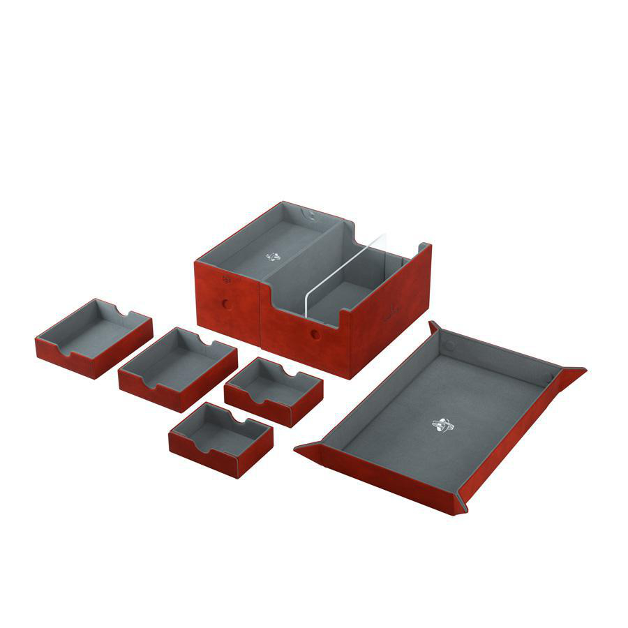 Roter und grauer Aufbewahrungsorganisator mit mehreren Fächern und Tabletts.