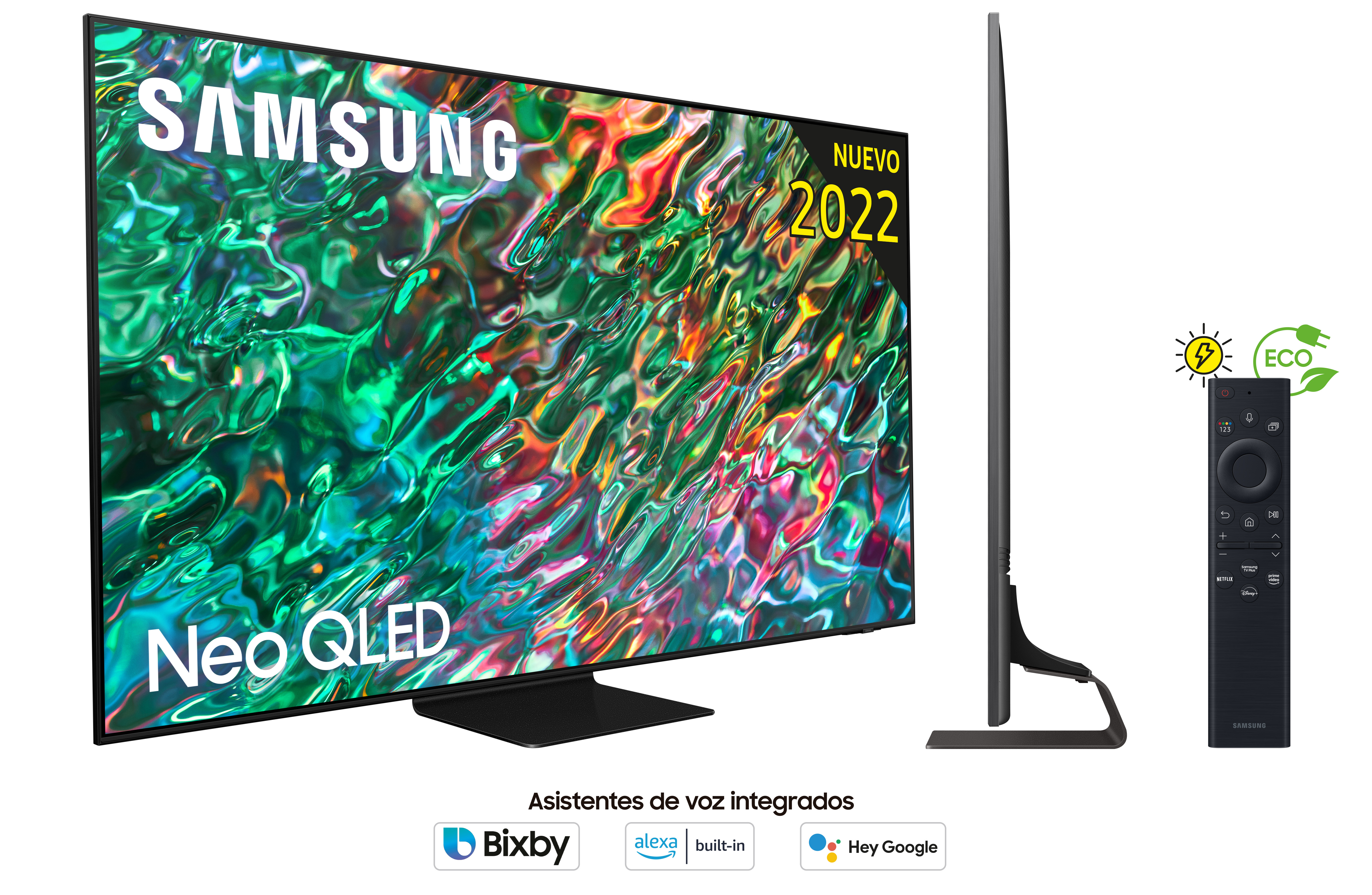 Un televisor Samsung Neo QLED con mando a distancia y asistentes de voz integrados.