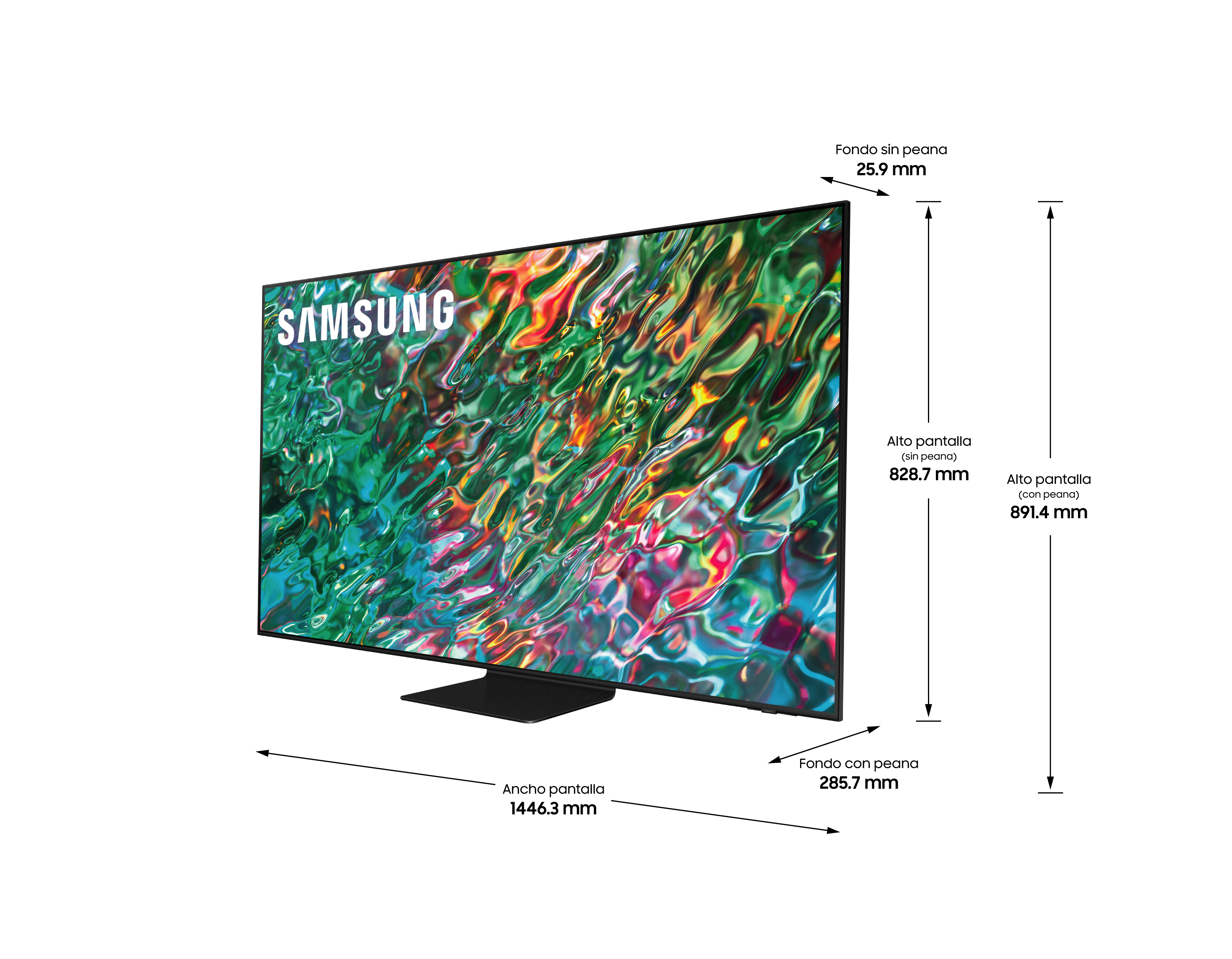 Un televisor grande con marco negro con medidas. Tiene un diseño moderno.