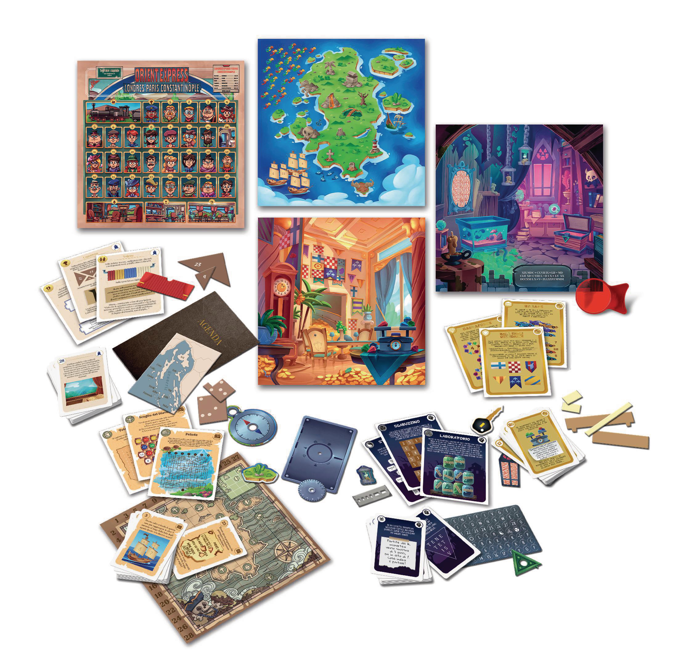 Verschiedene Brettspielkomponenten sind angeordnet: Karten, Spielbretter, Würfel und andere Spielsteine.