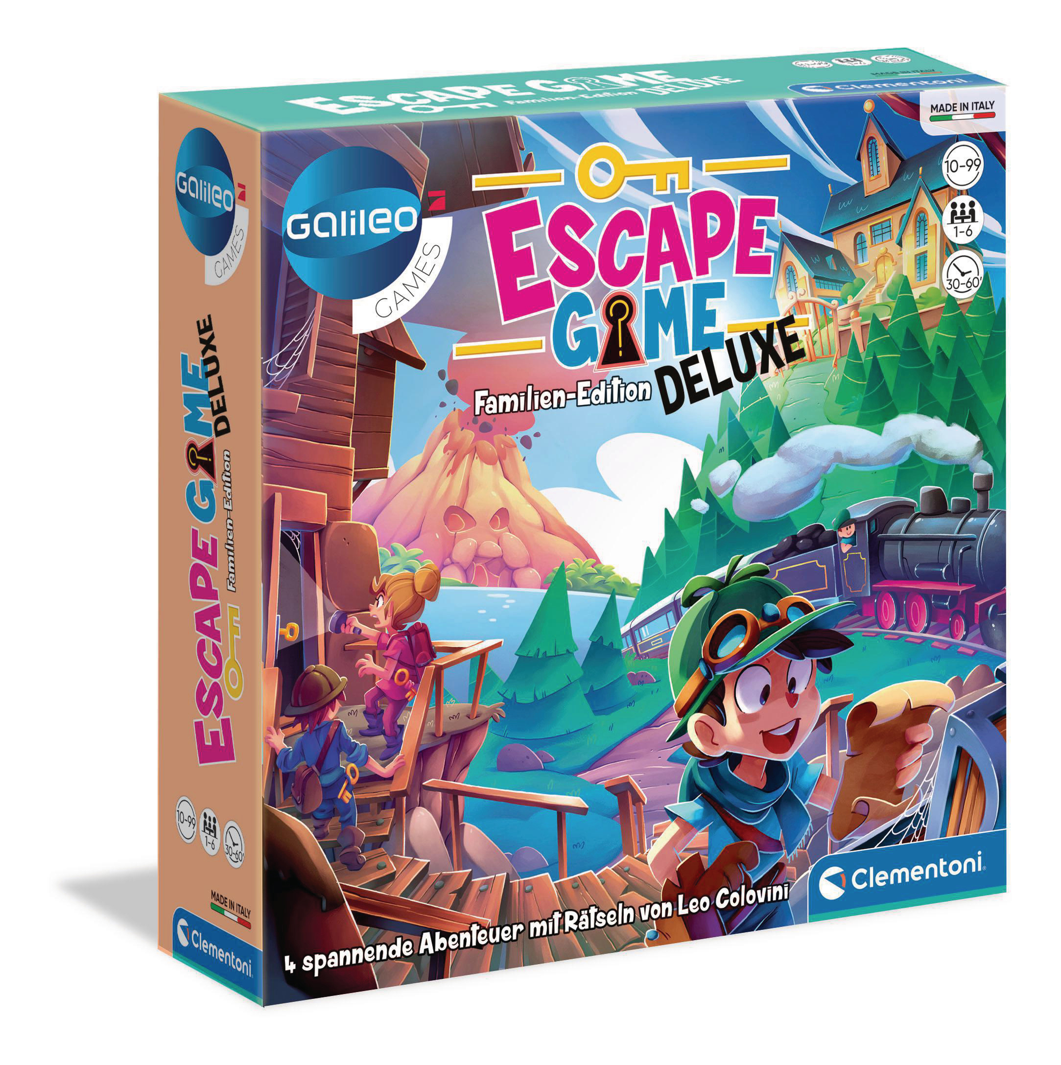 Escape Game Box. Cartoon-Illustration von Kindern und Zug. Buntes Design. Weißer Hintergrund.
