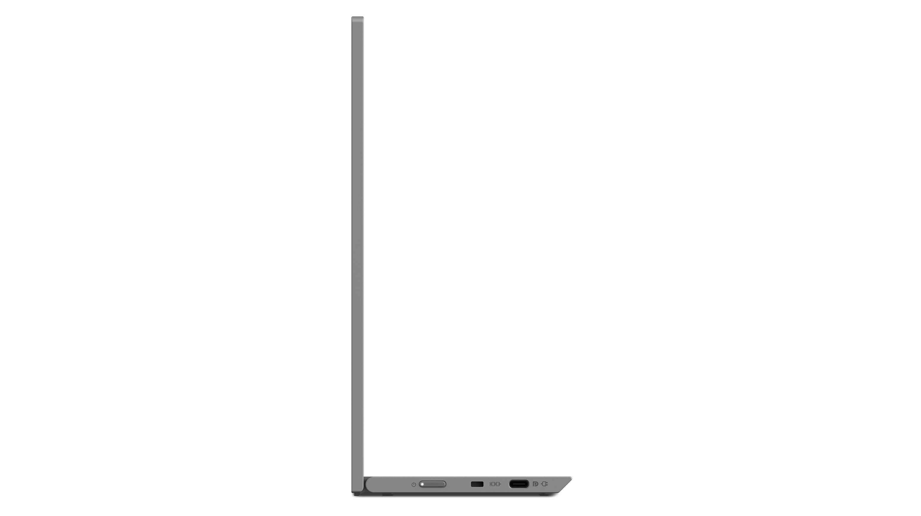 Laptop in profile view. Silver body, black screen, and ports on the side, against a black background.