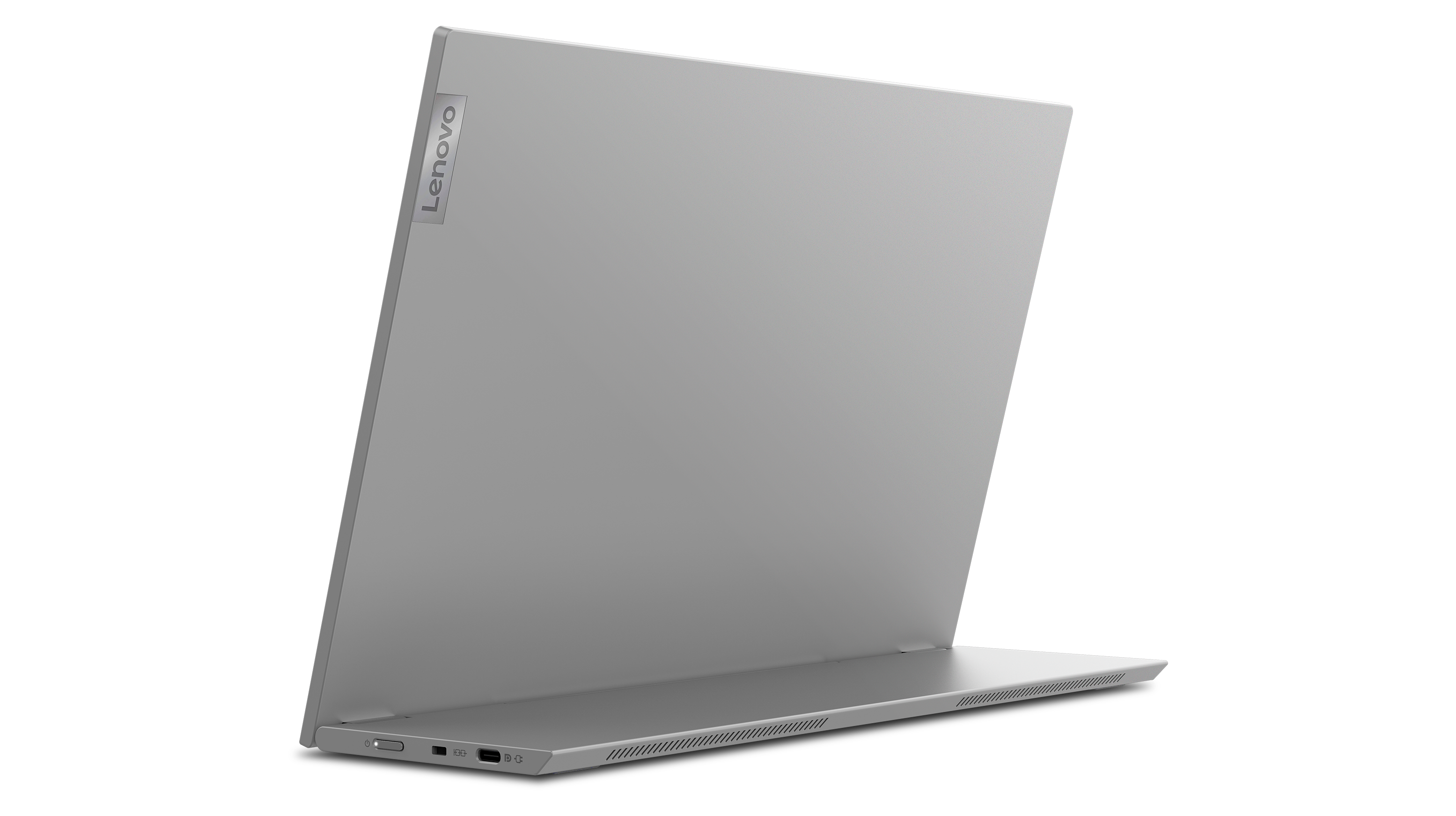 Laptop with the back open, showing Lenovo logo, in a gray color.