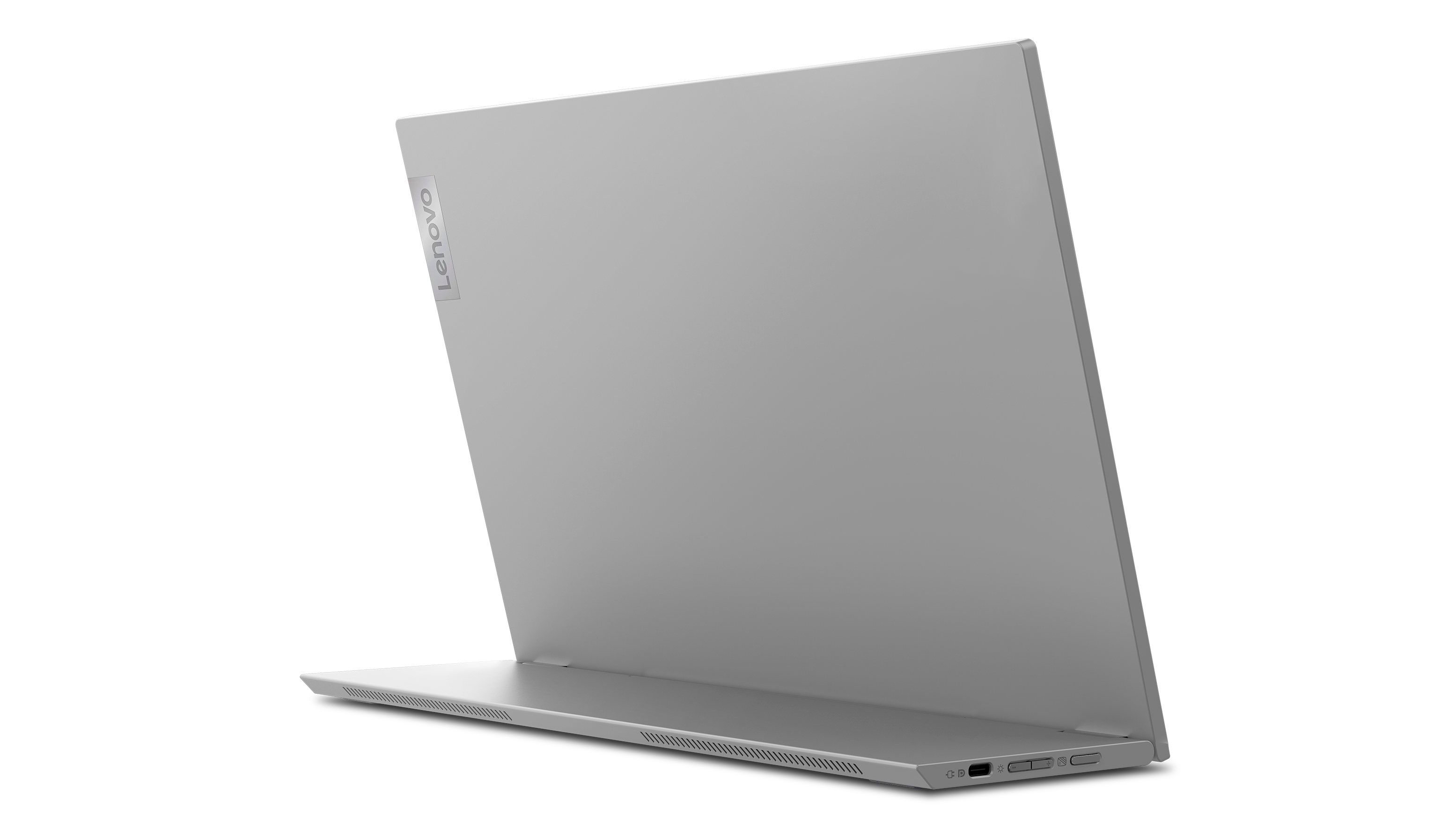 Silver Lenovo laptop, partially open, set against black background. Lenovo logo visible.
