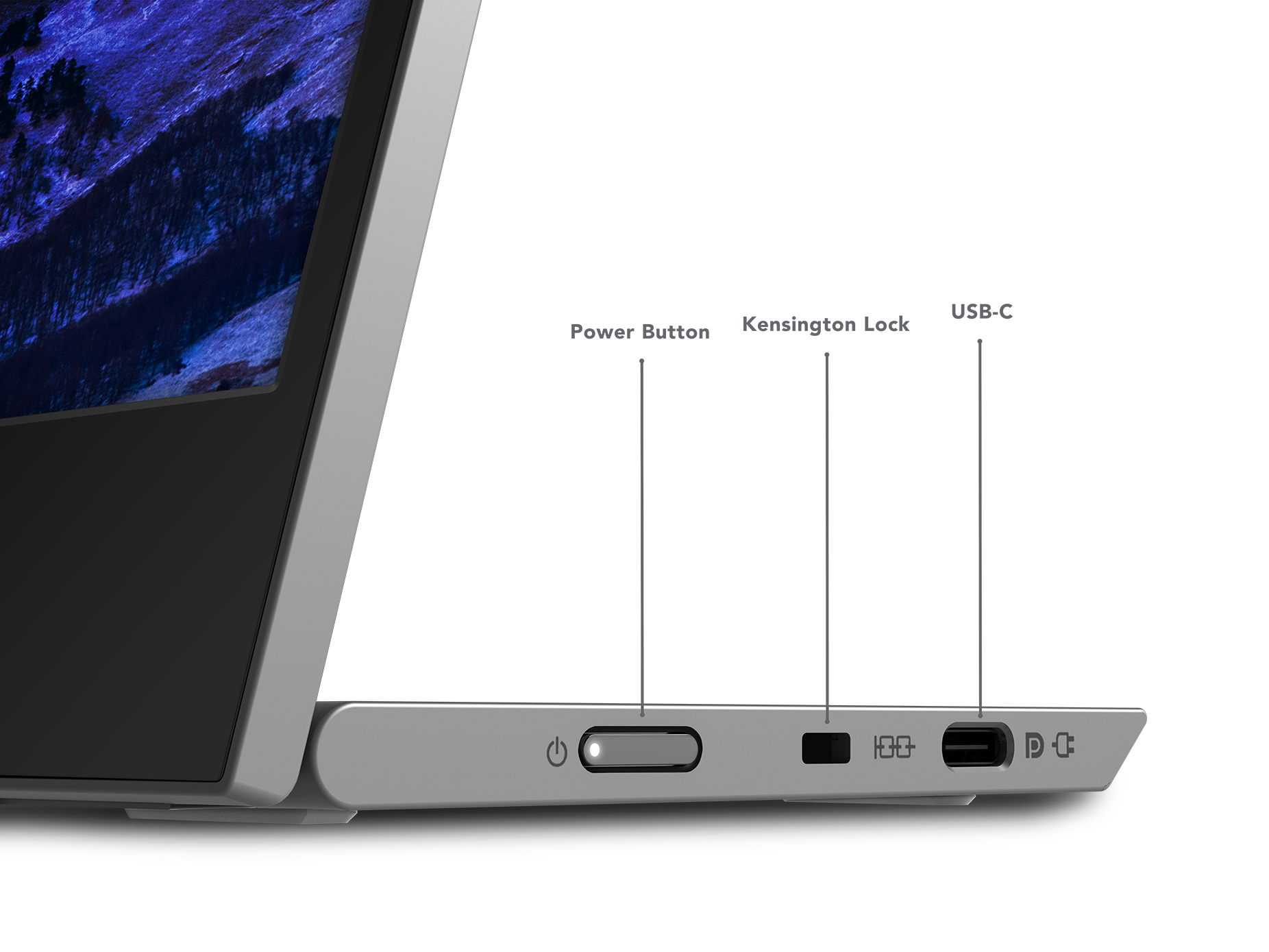 Laptop side view with power button, Kensington lock, and USB-C port.