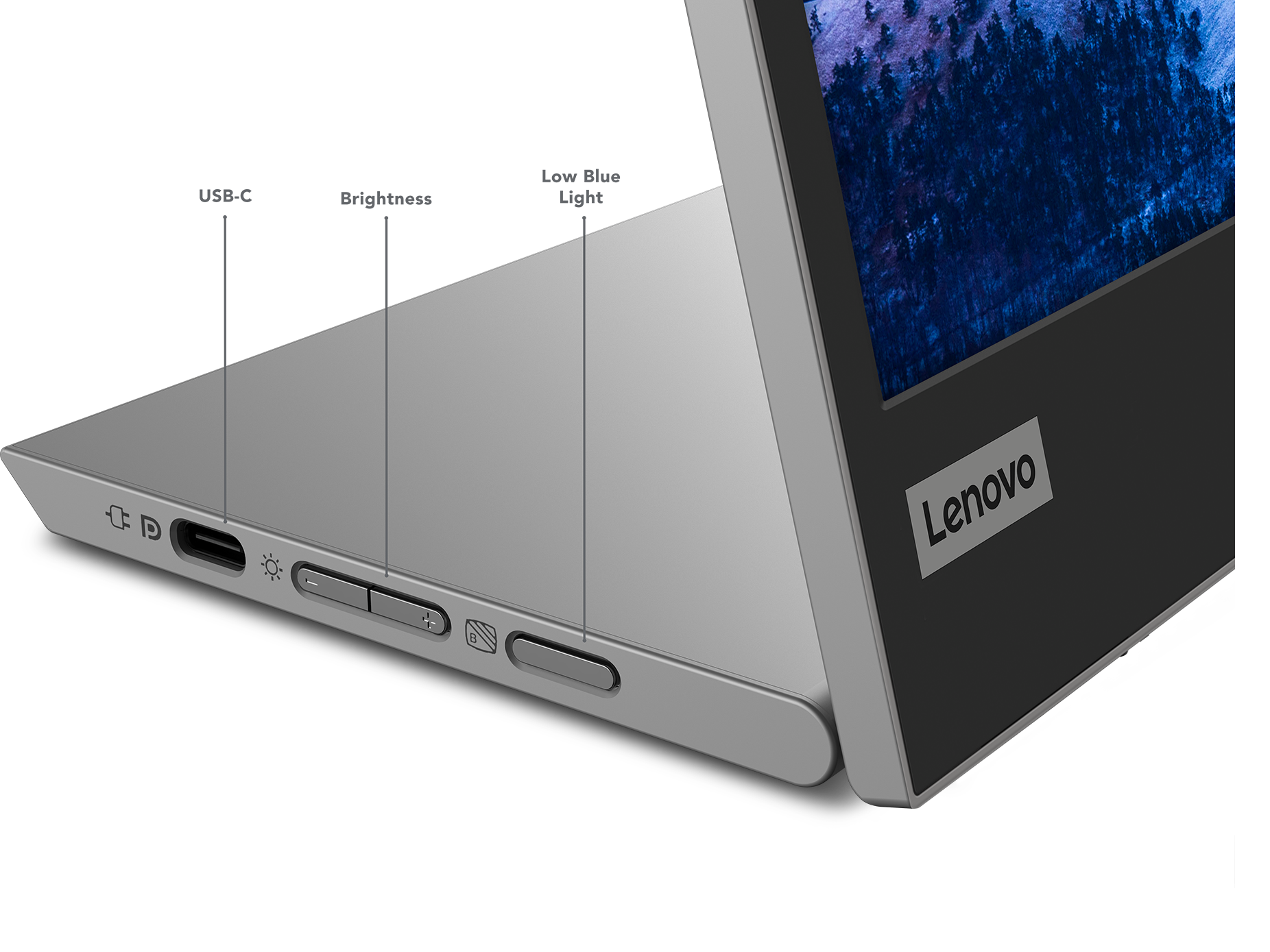 A laptop's side with ports labeled USB-C, Brightness, and Low Blue Light, with a Lenovo logo.
