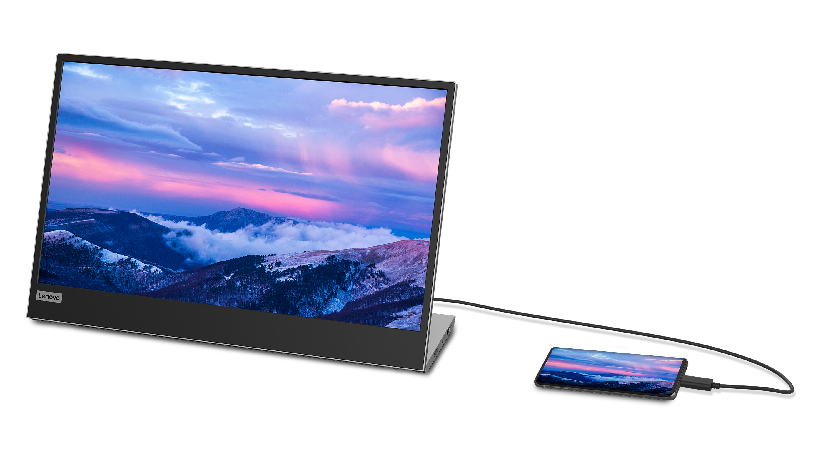 A portable monitor connected to a phone, displaying a landscape scene.