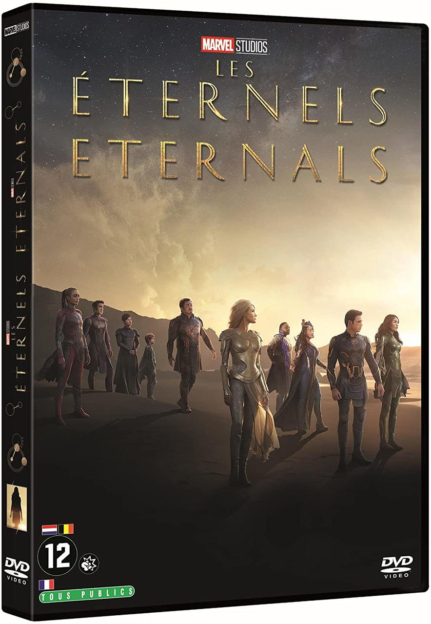 DVD case for 'Eternals' film. Features movie title, cast images, and rating icons. Dark background.