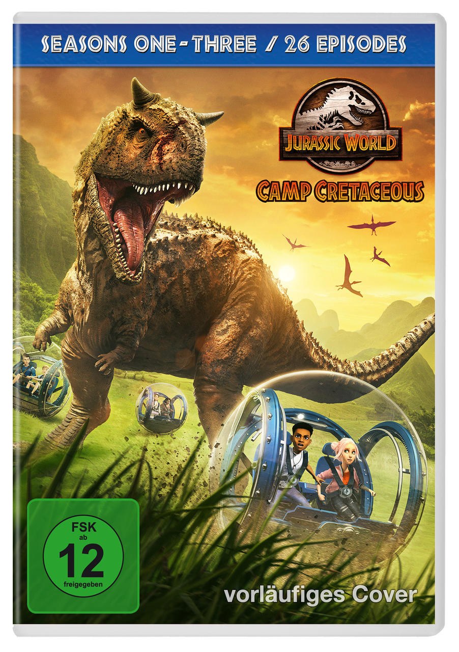 DVD-Cover von Jurassic World: Camp Cretaceous. Ein Dinosaurier brüllt, Menschen in Blasen und ein grünes FSK 12.