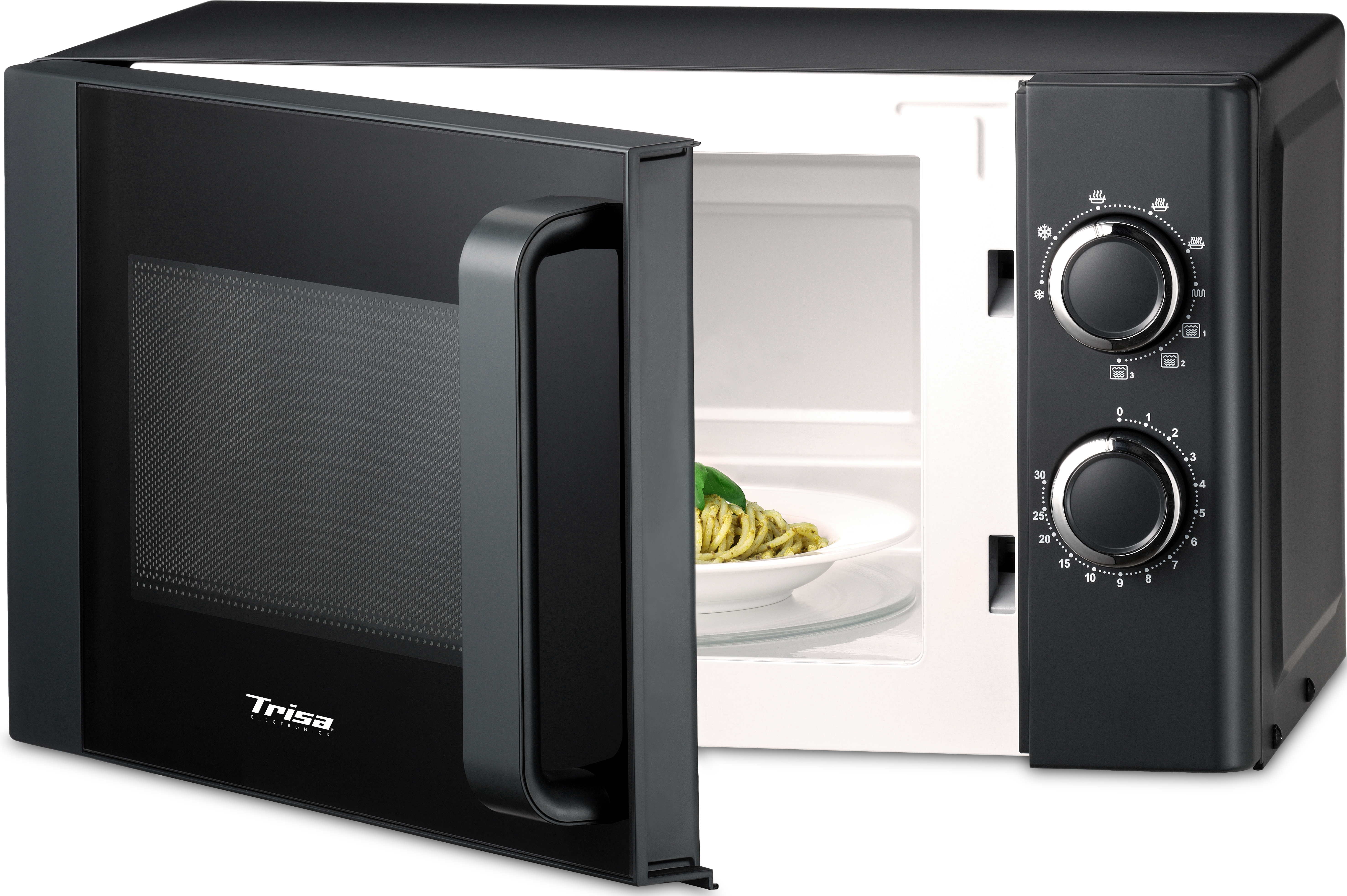 Micro-ondes noir avec porte ouverte. Une assiette de pâtes est à l'intérieur. Intérieur blanc, extérieur noir.