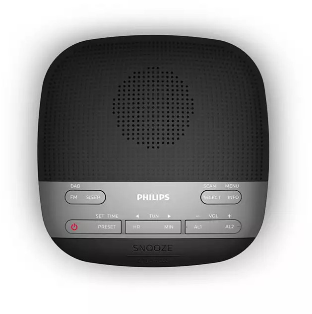 Réveil Philips noir avec boutons, bande argentée et trous pour haut-parleur.