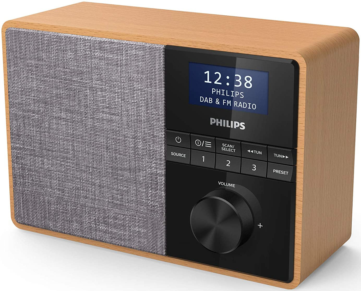 Wooden Philips DAB & FM radio with a black screen, displaying time and radio info.