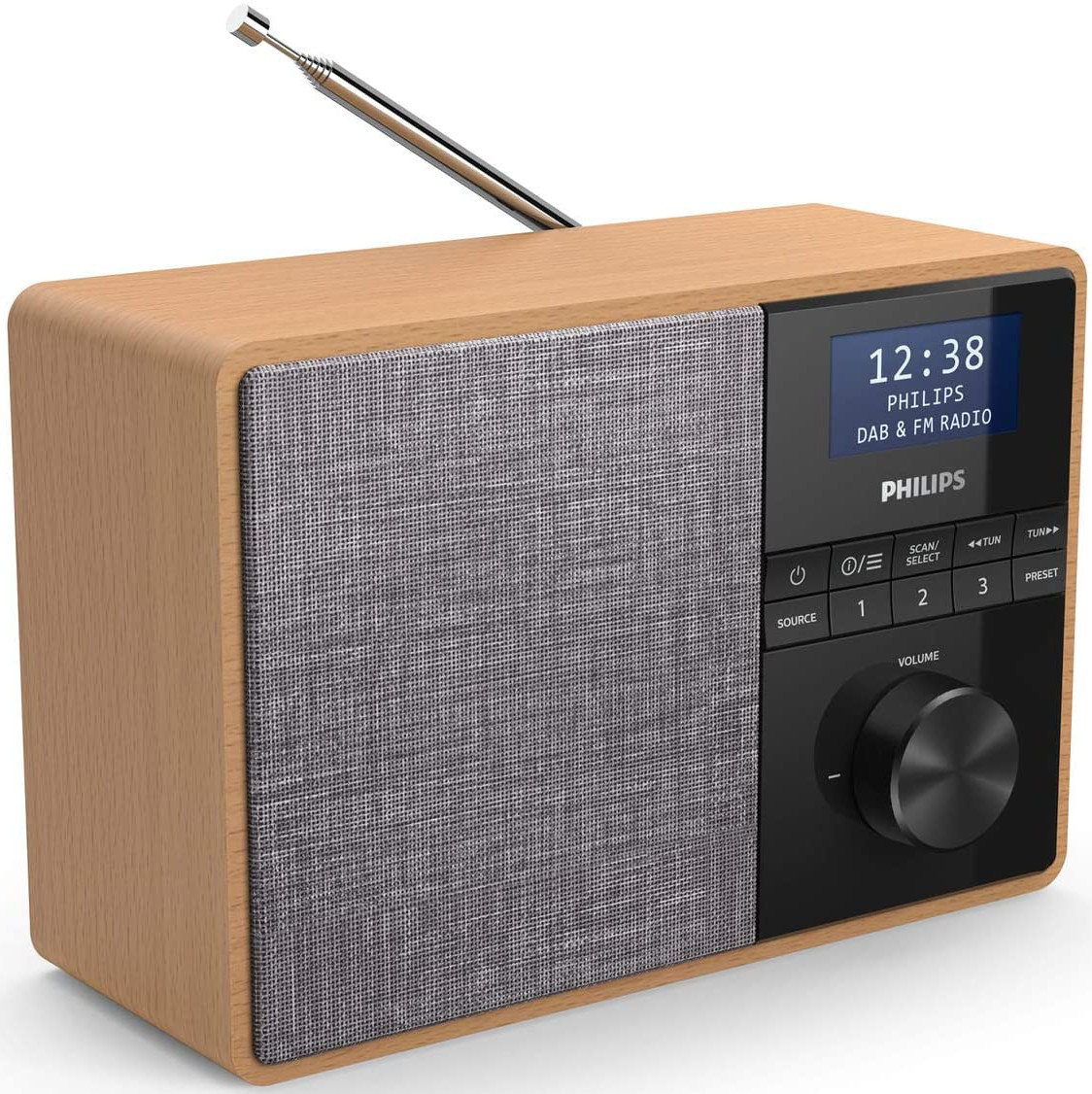 Wooden radio with a gray speaker cover and a digital display. Black control panel with volume knob. White background.