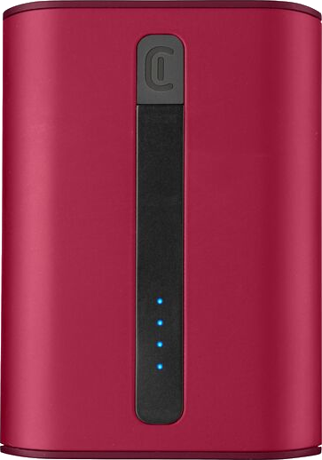 Rote Powerbank, schwarzer Streifen, blaue Ladeanzeige.