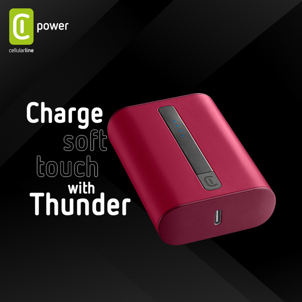 Rote Powerbank mit schwarzem Streifen, blauen Ladelichtern und USB-Anschluss.