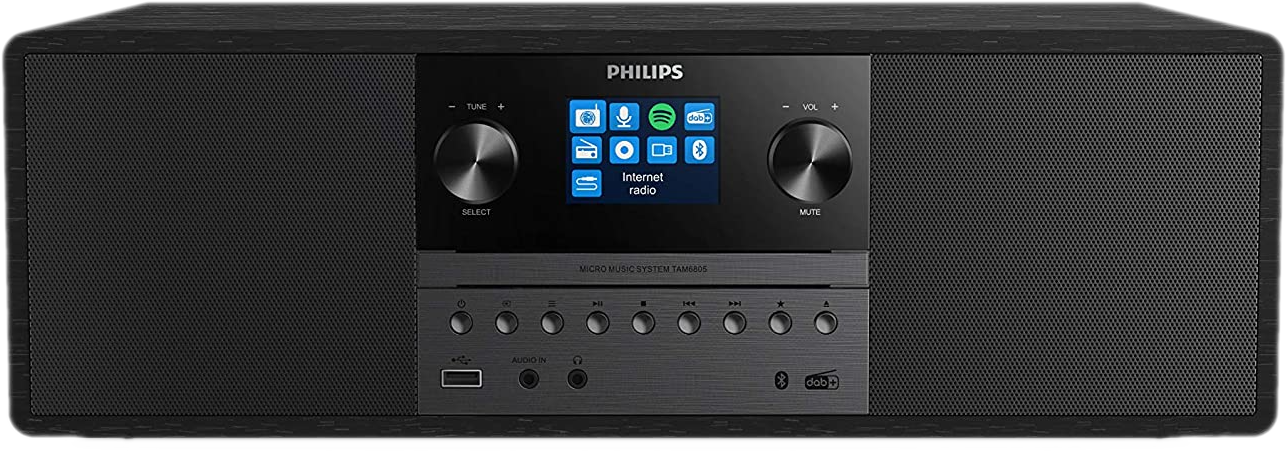 Een zwart Philips muzieksysteem met een scherm, knoppen en luidsprekerroosters. Het heeft internetradio en Bluetooth.