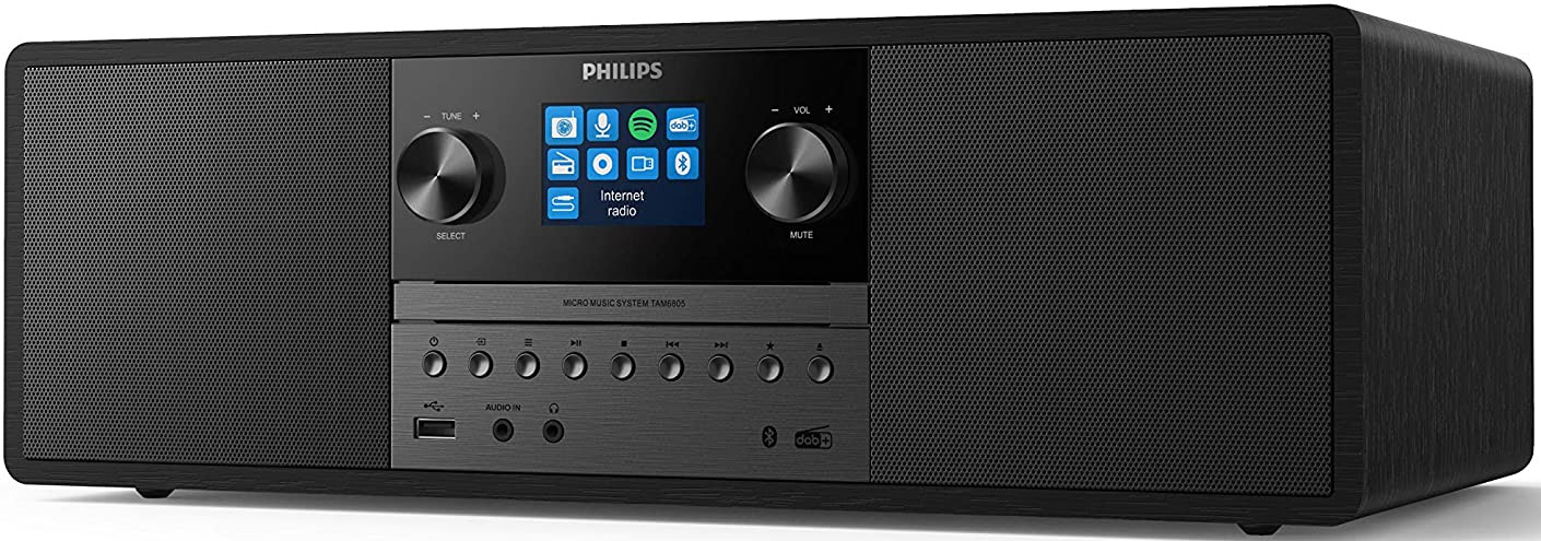 Een zwart Philips micro muzieksysteem. Het heeft een scherm, knoppen en luidsprekerhoezen.