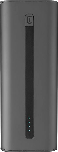 Eine dunkelgraue, zylindrische Powerbank mit schwarzem Streifen in der Mitte und drei blauen Kontrollleuchten.