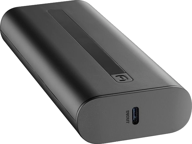 Schwarze tragbare Festplatte mit USB-C-Anschluss. Es hat ein glattes, abgerundetes Design.
