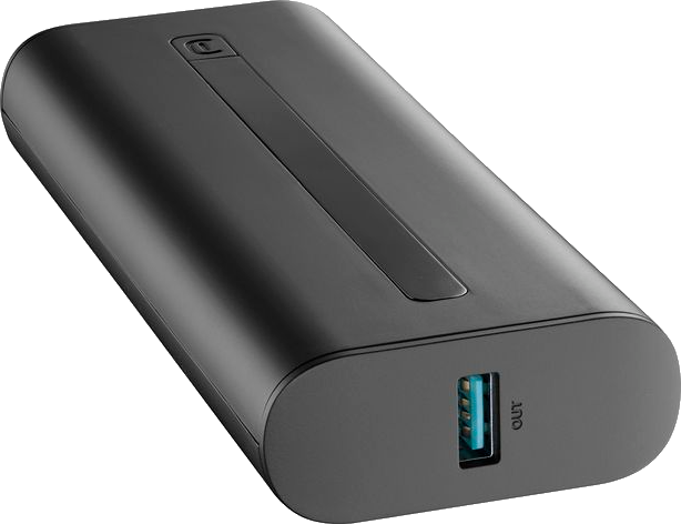 Schwarze Powerbank mit USB-Anschluss. Das Wort OUT steht auf dem USB-Anschluss.