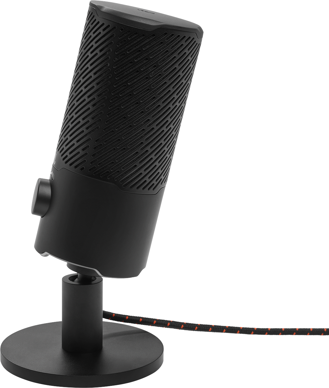 Schwarzes Mikrofon auf einem Ständer. Es hat ein Mesh-Gitter-Design und ein Kabel mit roten Akzenten.