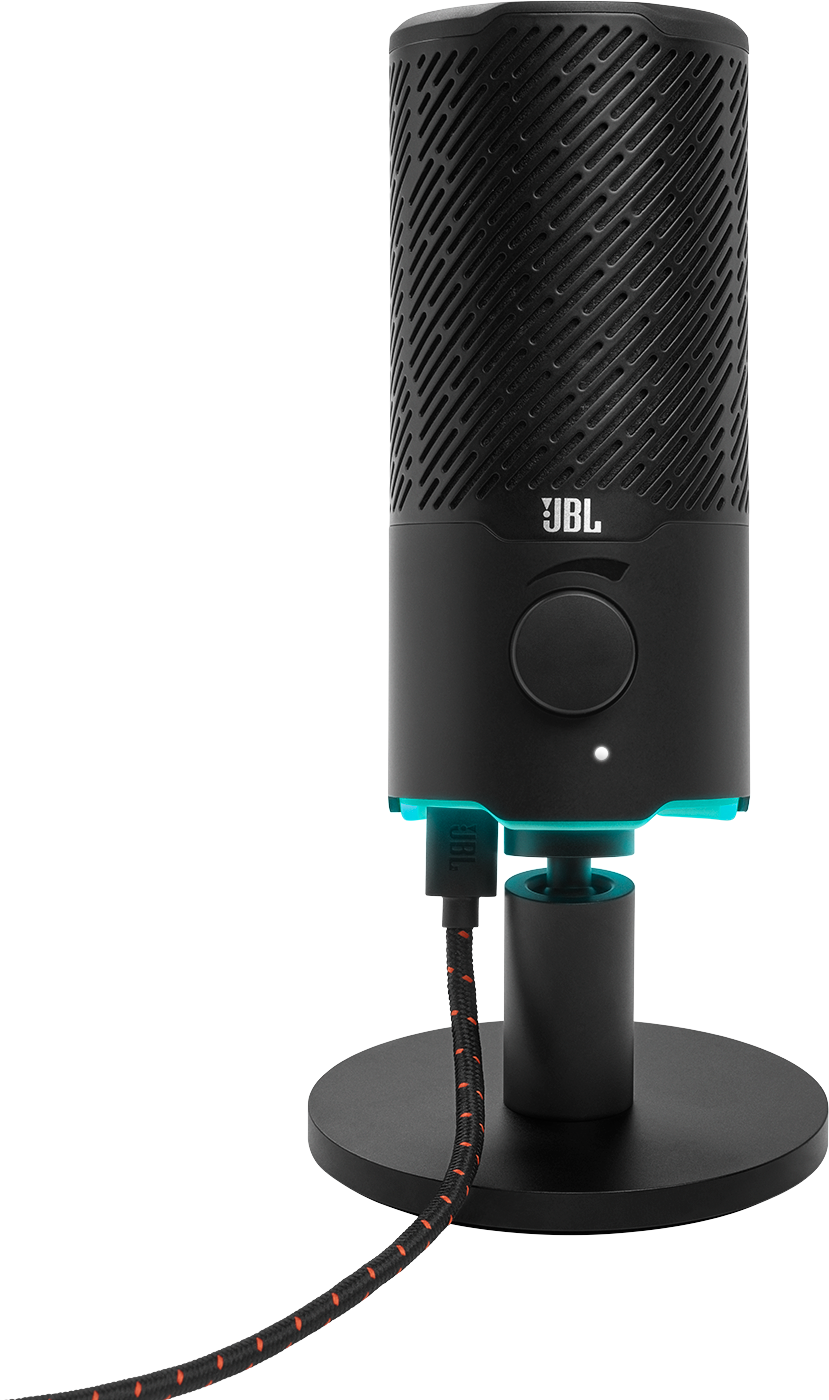 Schwarzes JBL-Mikrofon auf einem Ständer mit rot-schwarz gestreiftem Kabel.