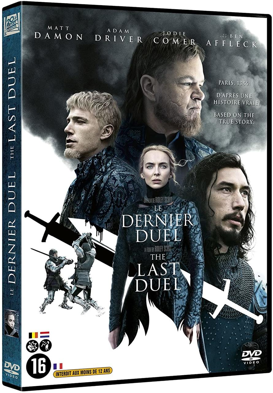 DVD cover for 'The Last Duel', featuring Matt Damon, Adam Driver, Jodie Comer, and Ben Affleck.