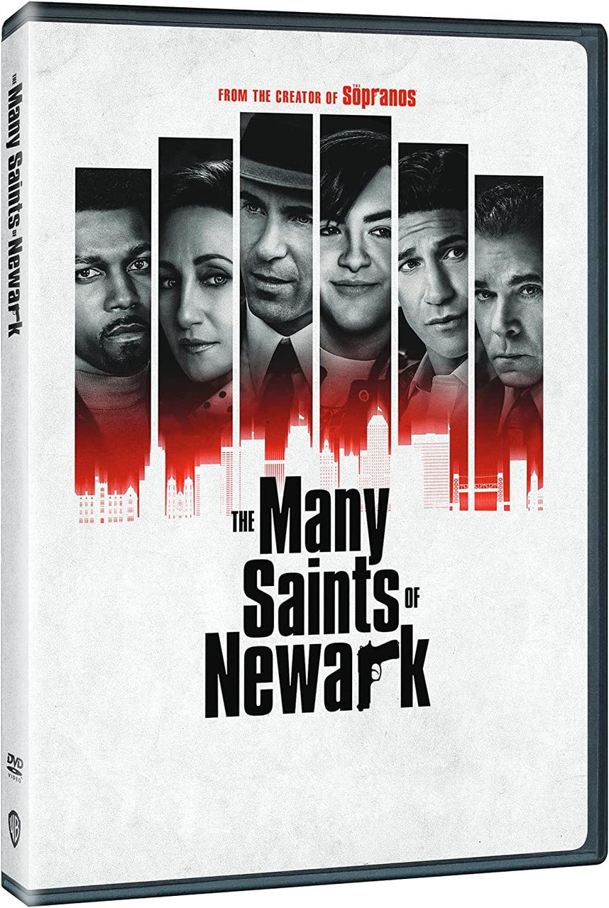 Boîtier DVD de "The Many Saints of Newark". Les visages des acteurs sont divisés verticalement sur la couverture.