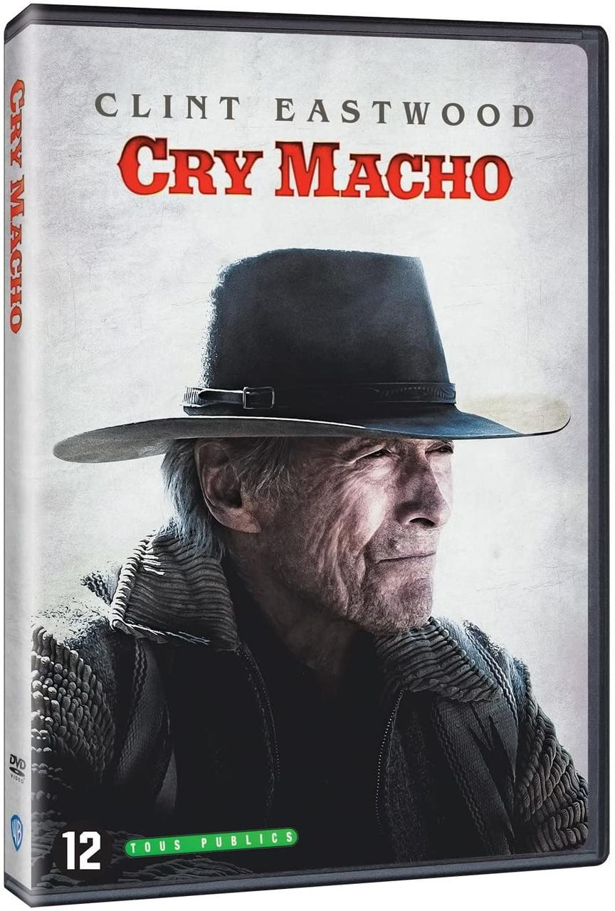 DVD cover of 'Cry Macho' film, Clint Eastwood in a hat. Title in red.