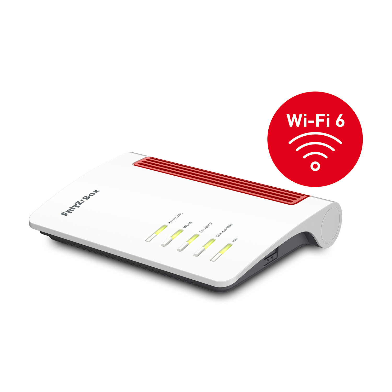 Router bianco con dettagli rossi, logo Wi-Fi 6 in cerchio rosso.