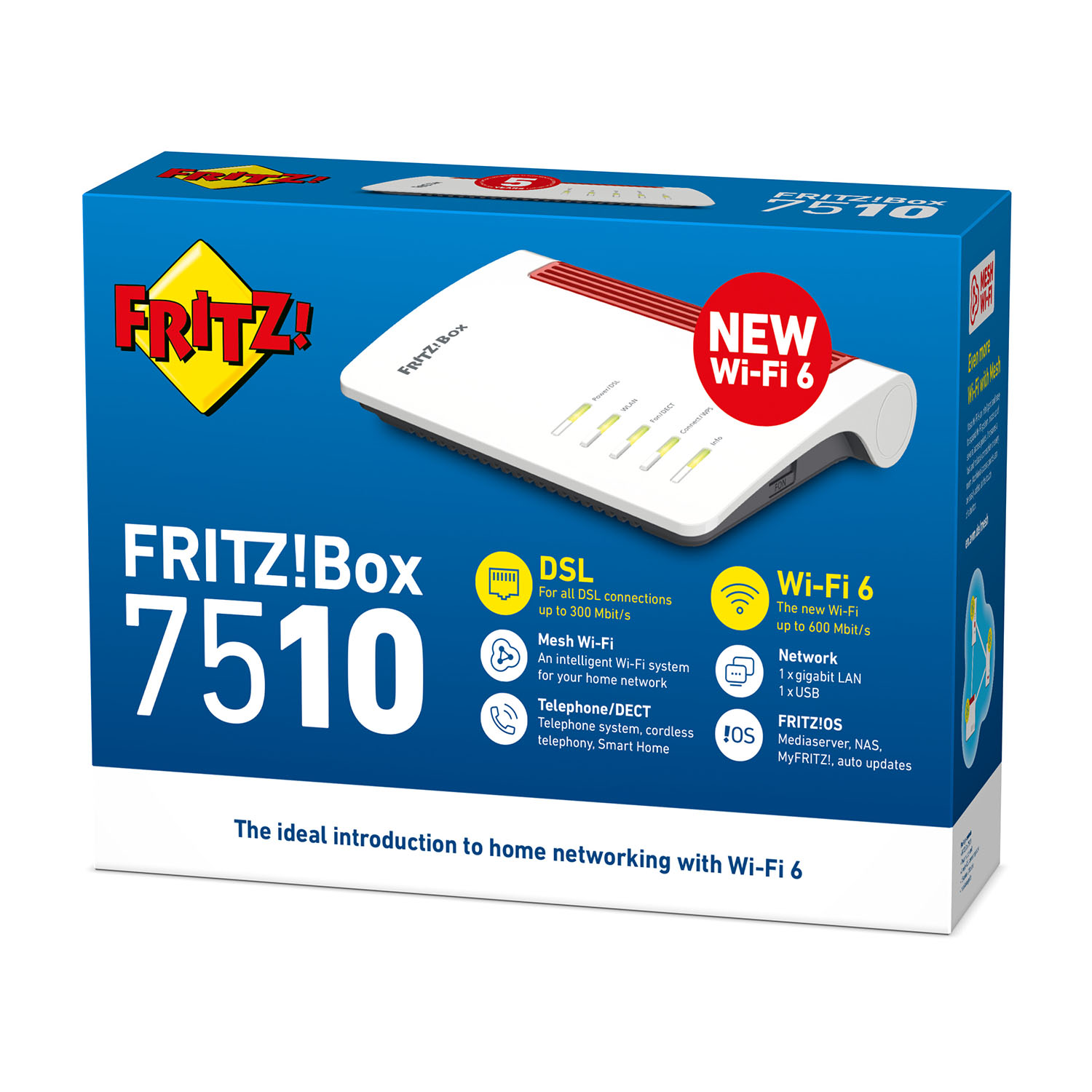 Una scatola del router FRITZ!Box 7510 con testo, immagini e un router bianco.