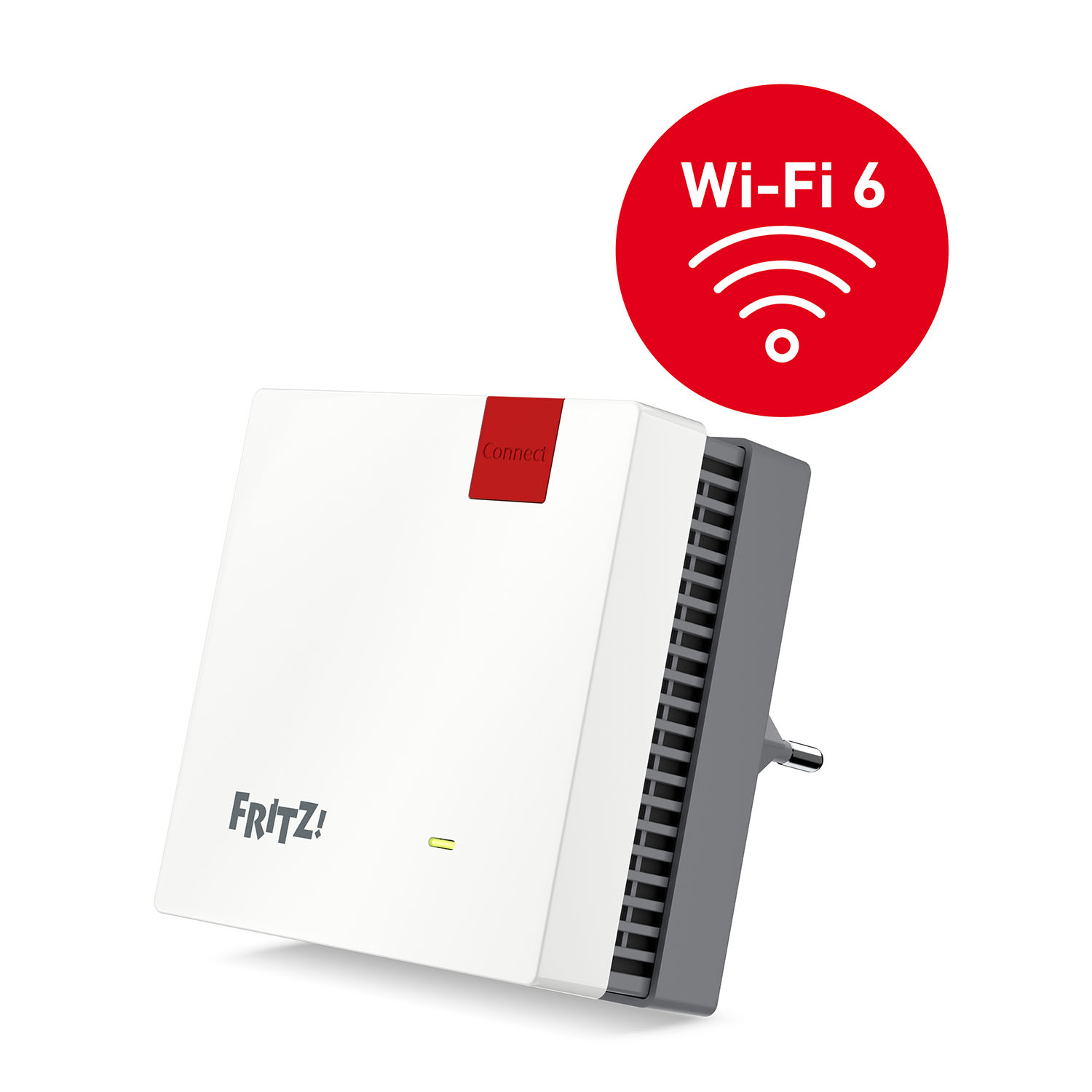 Router bianco e grigio con logo Wi-Fi 6 rosso. Il marchio "Fritz!" è visibile.