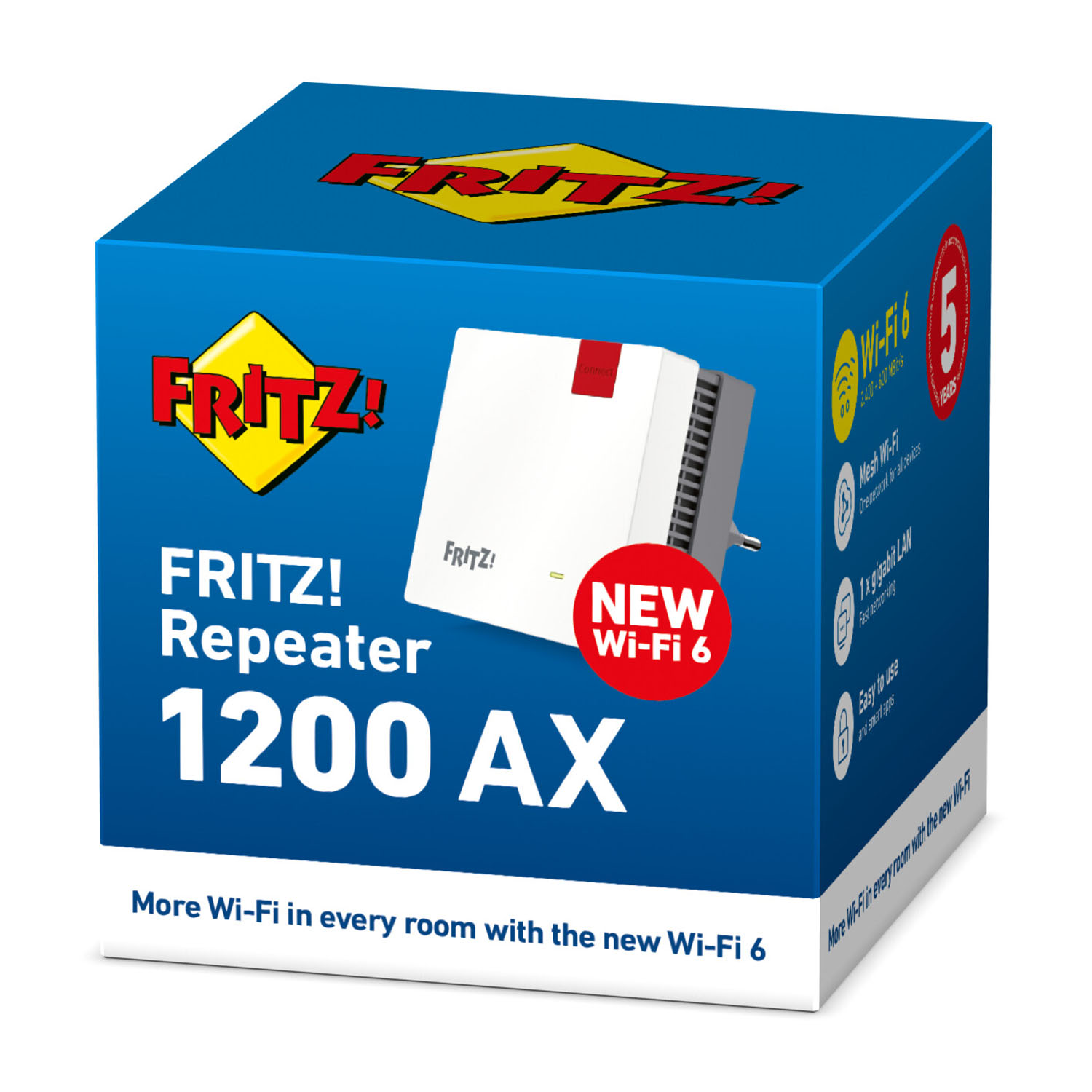 Scatola per un FRITZ! Repeater 1200 AX. Blu e bianco con informazioni sul prodotto e Wi-Fi 6.