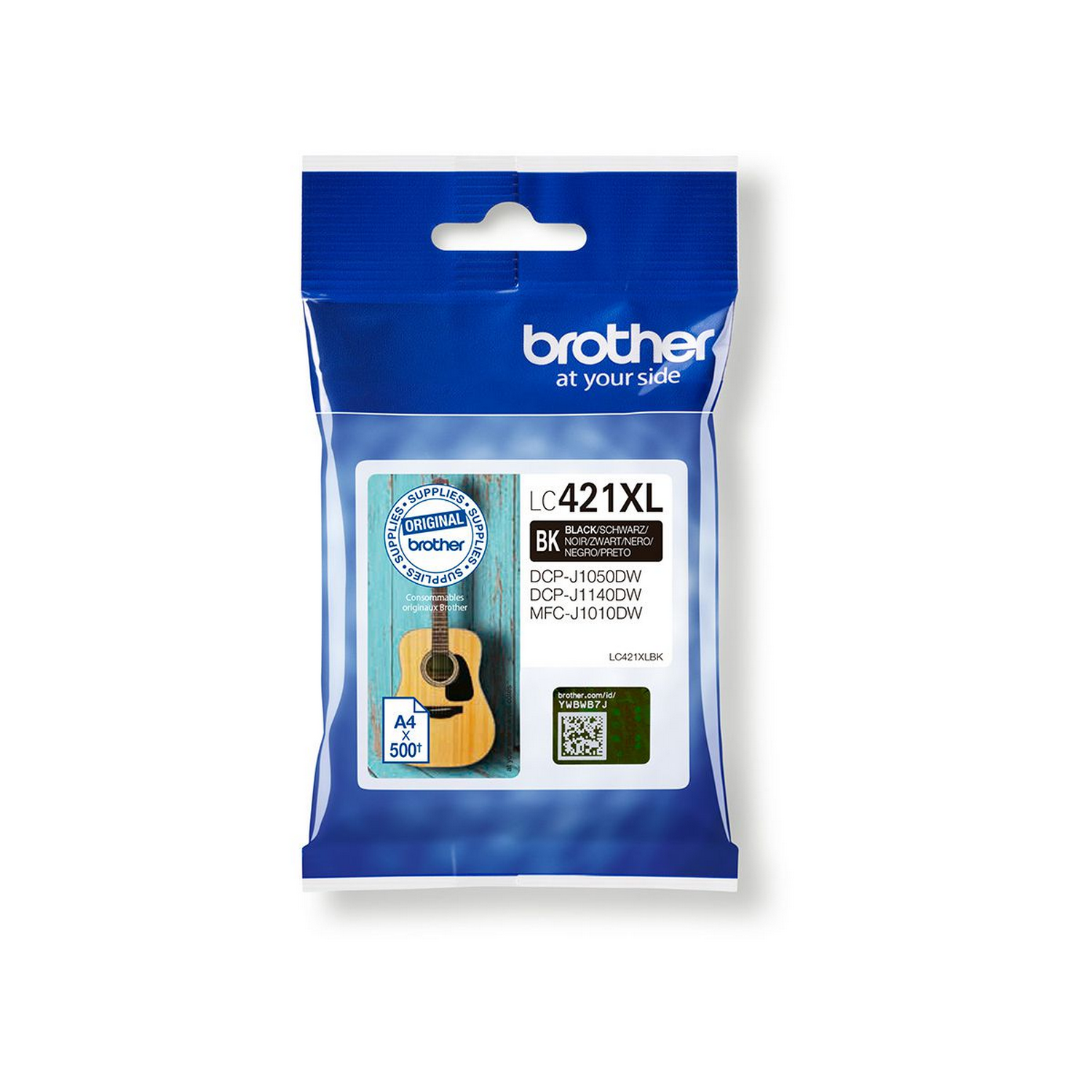 Paquete de cartucho de tinta con ilustración de guitarra y logotipo de Brother.